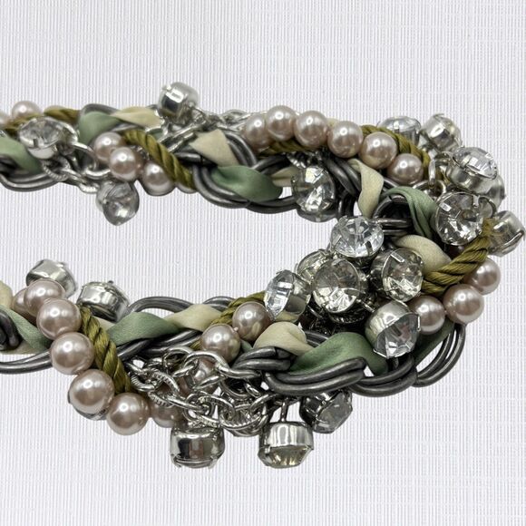 LOFT Chunky Rhinestone Statement Necklace Silver Tone Chain Ribbon Cord Braided - Picture 6 of 9